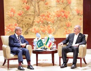 Prime Minister Muhammad Shehbaz Sharif meets with President of Islamic Republic of Iran, H.E. Masoud Pezeshkian on the sidelines of the Council of Heads of Member States of Shanghai Cooperation Organization.