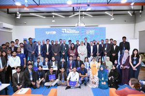 Federal Minister for IT & Telecom Shaza Fatima Khawaja in a group photograph during visit the National Incubation Center (NIC) Hyderabad, to mark a significant milestone as NIC celebrated the graduation of 32 startups from its 4th and 5th cohorts alongside its third anniversary