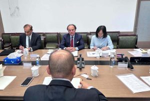 Finance and Revenue Minister Senator Muhammad Aurangzeb holding a key meeting with Chairman Hongta Securities, Jing Feng.