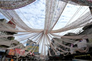 Noonarian Chowk bazaar decorated with beautiful Ceiling Drapes and lights in connection with Eid Milad-un-Nabi (PBUH) celebrations