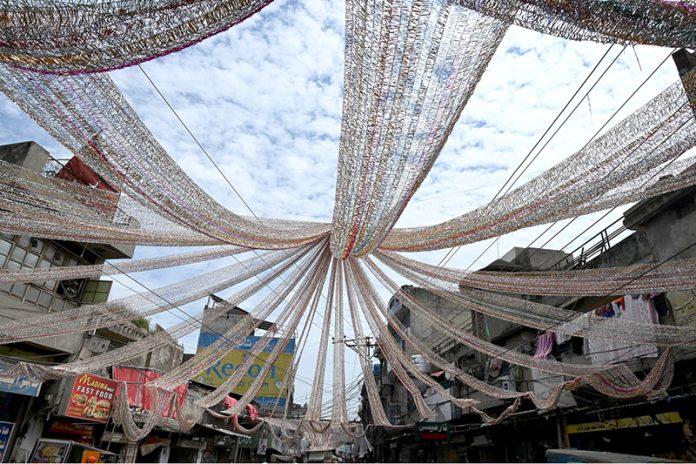 Noonarian Chowk bazaar decorated with beautiful Ceiling Drapes and lights in connection with Eid Milad-un-Nabi (PBUH) celebrations