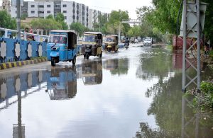 A view of rain water accumulated on Thandi Sark after heavy rain in the city.