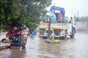 The water level in Korangi Nadi rises due to continuous rains that have lashed Karachi.