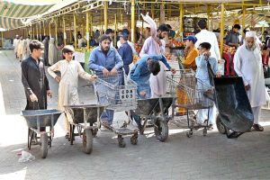Labourers with their handcarts wait for customers to shift luggage in the G-6 weekly Bazaar in the Federal Capital
