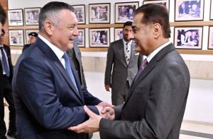 Speaker National Assembly Sardar Ayaz Sadiq receives Speaker of the Legislative Chamber of the Oliy Majlis of Uzbekistan, Mr. Nuriddin Ismoilov, on his arrival at Parliament House