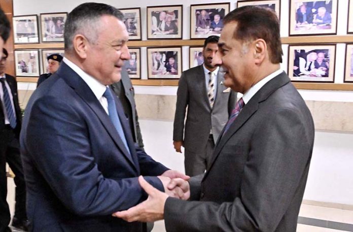 Speaker National Assembly Sardar Ayaz Sadiq receives Speaker of the Legislative Chamber of the Oliy Majlis of Uzbekistan, Mr. Nuriddin Ismoilov, on his arrival at Parliament House