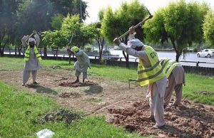 CDA workers preparing the green belt for sapling plantation at Zero Point in the Federal Capital.