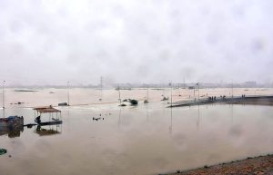 The water level in Korangi Nadi rises due to continuous rains that have lashed Karachi.
