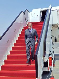 H.E. Sheikh Saoud bin Abdulrahman bin Hassan Al Thani, Deputy Prime Minister and Minister of State for Defense Affairs of Qatar welcomes Prime Minister Muhammad Shehbaz Sharif at Doha Airport