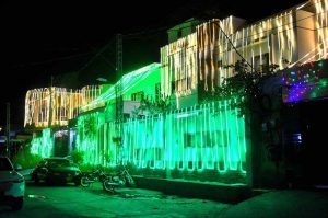 A beautifully illuminated view of street and local building at Qasimabad in connection with Eid Milad-un-Nabi (SAWW) celebrations