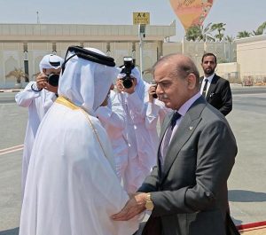 H.E. Sheikh Saoud bin Abdulrahman bin Hassan Al Thani, Deputy Prime Minister and Minister of State for Defense Affairs of Qatar welcomes Prime Minister Muhammad Shehbaz Sharif at Doha Airport