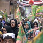 A large number of children participate in a rally in connection with Eid Milad-un-Nabi (SAWW) celebrations organized by Madrasa Siddiquia Mehria Madina Town, Dhoke Do Lal