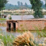 Houses submerged in floodwater as rising levels of the Chenab River inundate low-lying villages, damaging thousands of homes, destroying vast croplands, and affecting over two million people