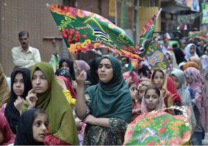 A large number of children participate in a rally in connection with Eid Milad-un-Nabi (SAWW) celebrations organized by Madrasa Siddiquia Mehria Madina Town, Dhoke Do Lal