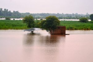 Houses submerged in floodwater as rising levels of the Chenab River inundate low-lying villages, damaging thousands of homes, destroying vast croplands, and affecting over two million people