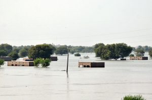 A youngster standing on a rooftop with salvaged household items after floodwater inundated houses following river overflow. Heavy flooding has disrupted life across several districts in South Punjab.
