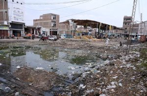 A view of sewerage water and garbage at subzi mandi need the attention of concerned authorities.