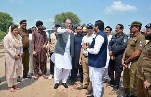 Federal Minister for Finance and Revenue Senator Muhammad Aurangzeb is talking to media person during visiting flood-hit areas.