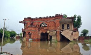 A view of the police check post which was destroyed during the 2014 floods and is once again surrounded by floodwaters, as the 2025 floods affected the area.