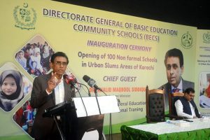 Federal Minister for Education and Professional Training Dr Khalid Maqbool Siddiqui addressing at the inaugural ceremony of opening 100 schools in urban slums.