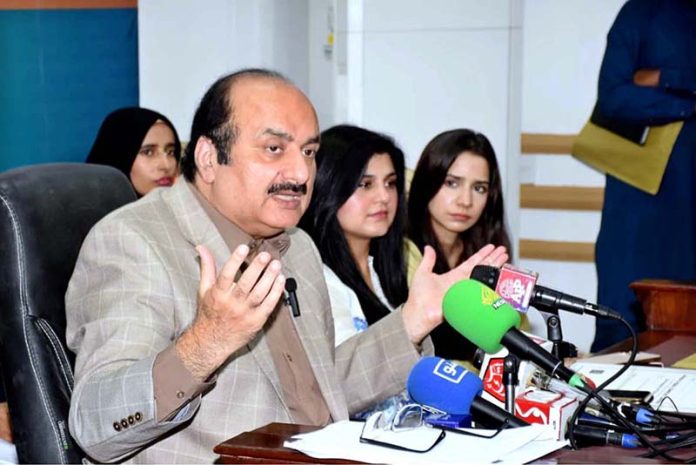 Chairman Prime Minister’s Youth Programme Rana Mashhood Ahmad Khan addressing a press conference at Awan e Iqbal