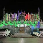 A beautifully illuminated view of Haji Baba Hayat Jama-e-Masjid, decorated with colorful lights in connection with the holy month of Rabi-ul-Awwal, at Phatan Colony