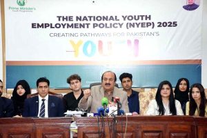 Chairman Prime Minister’s Youth Programme Rana Mashhood Ahmad Khan addressing a press conference at Awan e Iqbal
