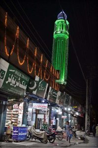 A beautifully illuminated view of Hamid Shah Masjid decorated with colorful lights in connection with upcoming Eid Milad-un-Nabi (PBUH).