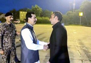 Chairman Senate Syed Yousaf Raza Gilani receiving the Chairman Pakistan Peoples Party Bilawal Bhutto Zardari at Multan Airport. Chairman Bilawal Bhutto Zardari will visit the flood affected areas and meet the flood affectees during the visit