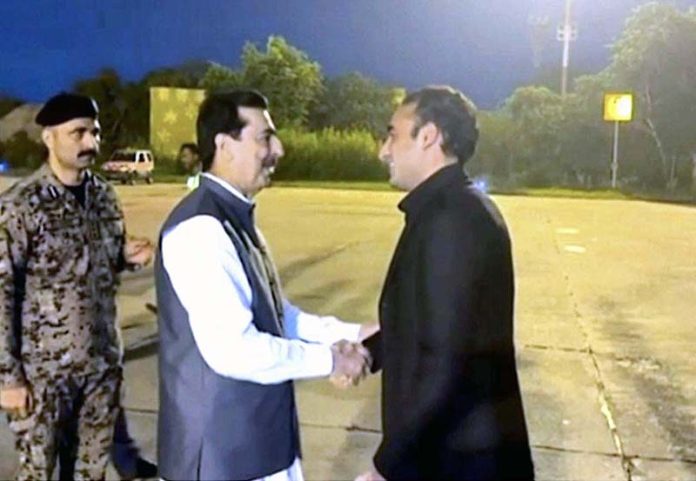 Chairman Senate Syed Yousaf Raza Gilani receiving the Chairman Pakistan Peoples Party Bilawal Bhutto Zardari at Multan Airport. Chairman Bilawal Bhutto Zardari will visit the flood affected areas and meet the flood affectees during the visit
