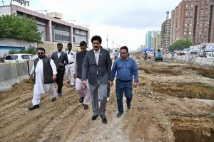 The spokesperson for the Ministry of Information and Broadcasting for Sindh, Barrister Raja Khaleeq uz Zaman Ansari talking to media during visit the Green Line BRT service further expansion site on M.A. Jinnah Road.