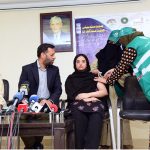 Lady Health Workers administering an HPV vaccine to the daughter of Federal Health Minister, Syed Mustafa Kamal, at the DRAP Office as part of efforts to counter propaganda against vaccination