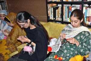 Girls are busy crocheting and knitting during a Croatian workshop on Ancient Croatian Art in Pakistan organized by The Knowledge of Art Academy