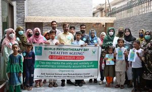 Special children and members of AAS Welfare Society participate in an awareness walk at Adil Special School and Rehabilitation Center to mark World Physiotherapy Day. APP/HSD/MAF/TZD/SSH