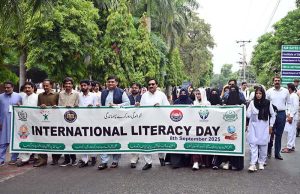 Special children and members of AAS Welfare Society participate in an awareness walk at Adil Special School and Rehabilitation Center to mark World Physiotherapy Day. APP/HSD/MAF/TZD/SSH