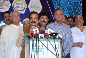 Prime Minister’s Political Adviser Senator Rana Sanaullah Khan is talking to media persons at Bohranwali Ground while checking arrangements for the visit of Punjab Chief Minister (CM) Maryam Nawaz to inaugurate electro bus service in Faisalabad