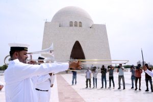 A band of Pakistan Navy trumpeting on Defence Day at Quaid's Mausoleum