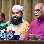 Chairman Pakistan Ulema Council Hafiz Muhammad Tahir Ashrafi addressing a press conference at Central Cathedral Church, Waris Road