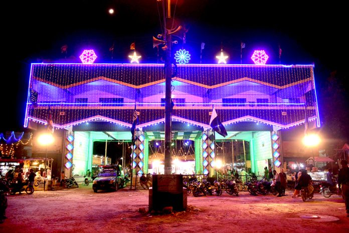 An illuminated view of Rabi-ul-awal gate decorated with colorful lights in connection with Eid Milad-un-Nabi (SAWW) Celebrations