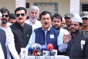 Chairman senate Syed Yousaf Raza Gillani talking to media