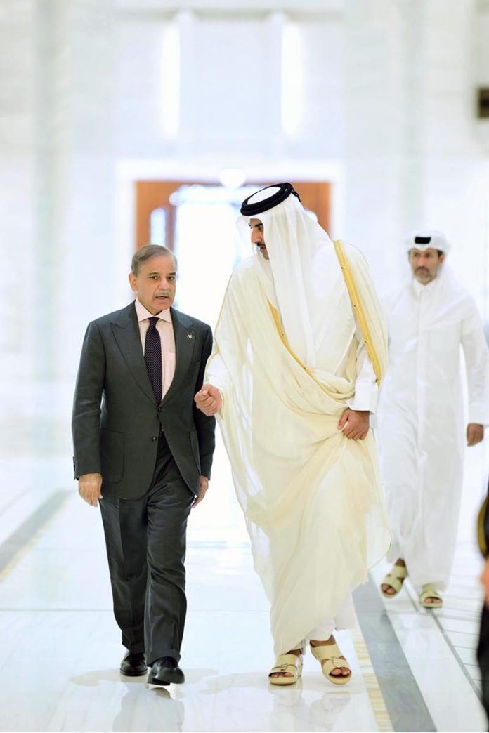 Prime Minister Muhammad Shehbaz Sharif meets Amir of Qatar his Highness Skeikh Tamim bin Hamad Al Thani