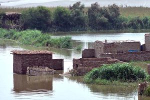 Houses submerged in floodwaters in the kachha area of the Indus River at Sehrish Nagar, where thousands have been displaced after deadly flash floods.