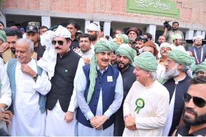 Chairman senate Syed Yousaf Raza Gillani talking to media