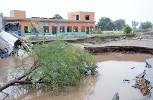 view of damaged Lalian Road after a flash flood hit Village Kalri Zero Point, Tehsil Bhuwana, near River Chenab, displacing thousands and disrupting daily life.
