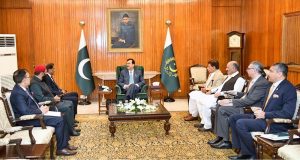 Acting President Syed Yousuf Raza Gilani meeting with Chaudhry Latif Akbar, Speaker of the AJK Legislative Assembly, former AJK Prime Minister Raja Muhammad Farooq Haider Khan, and MLA Hamid Raza at Aiwan-e-Sadr