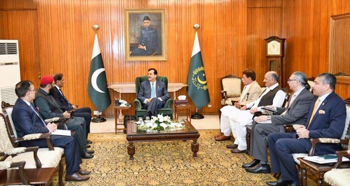 Acting President Syed Yousuf Raza Gilani meeting with Chaudhry Latif Akbar, Speaker of the AJK Legislative Assembly, former AJK Prime Minister Raja Muhammad Farooq Haider Khan, and MLA Hamid Raza at Aiwan-e-Sadr
