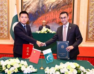 President Asif Ali Zardari witnessing the signing of an MoU between Mr Zhu Hao of Sichuan Chuanxiao Fire Trucks Manufacturing Company and Dr Ammad Hussain, Director of ASM Services, establishing a framework for cooperation in supply, distribution, sales, and after-sales services of fire trucks and advanced emergency equipment for Pakistan