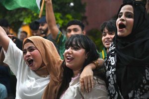 People are watching the Asia Cup T20 final cricket match between India and Pakistan on a big screen at the Arts Council