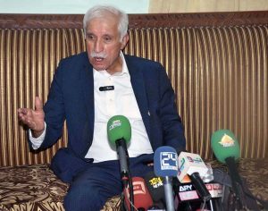 Federal Minister for Board of investment, Qaiser Ahmad Shaikh, talking to the Media persons during holding a khulli kachehri