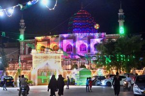 A beautifully illuminated view of Memon Masjid decorated with colorful lights in connection with the holy month of Rabi-ul-Awwal.